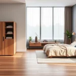 A cozy modern bedroom with a compact Stylish Wooden Bedside Locker