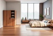 A cozy modern bedroom with a compact Stylish Wooden Bedside Locker