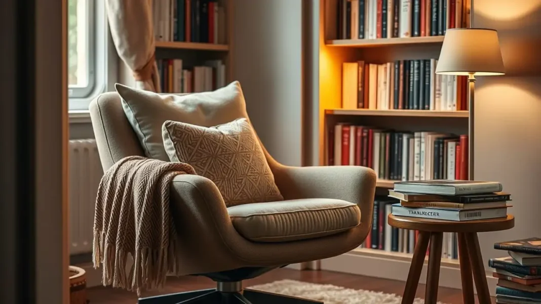 A cozy reading nook featuring a stylish swivel reading chair with soft cushions