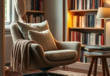A cozy reading nook featuring a stylish swivel reading chair with soft cushions