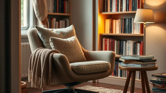 A cozy reading nook featuring a stylish swivel reading chair with soft cushions