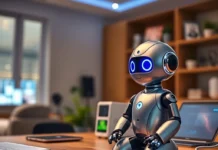 A futuristic AI companion robot sitting on a desk, interacting with a user through voice commands