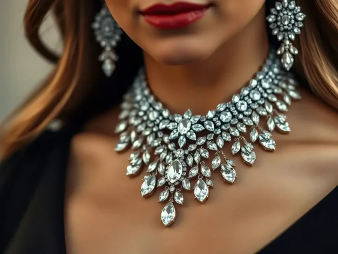 A glamorous close-up of a woman wearing a bold statement necklace