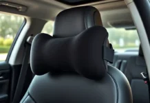 A high-quality image featuring a sleek black Aukee car headrest pillow review