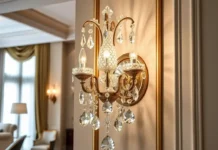 A luxurious crystal wall sconce mounted on an elegant interior wall
