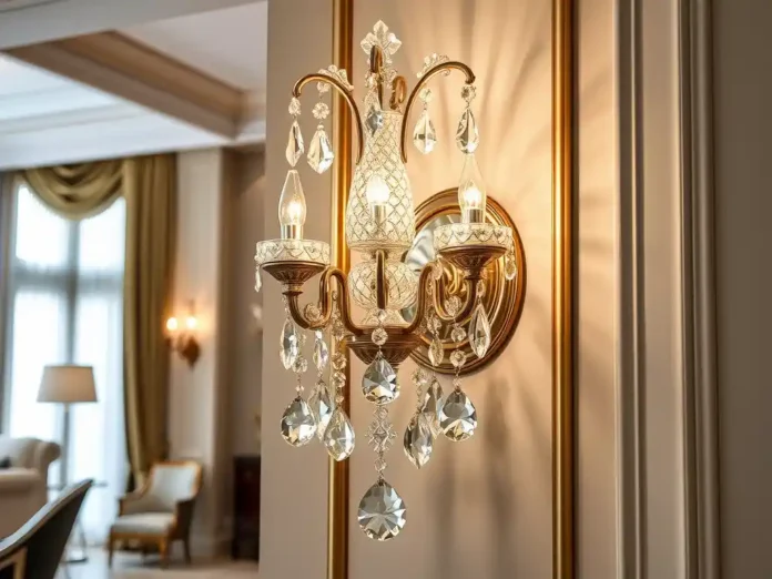 A luxurious crystal wall sconce mounted on an elegant interior wall