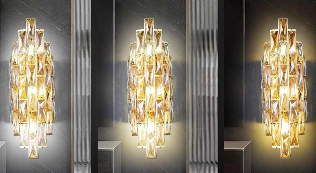 A luxurious interior with elegant crystal wall lights mounted on a modern wall