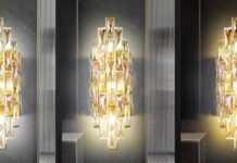 A luxurious interior with elegant crystal wall lights mounted on a modern wall