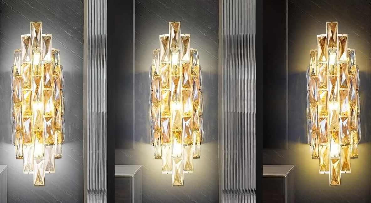 A luxurious interior with elegant crystal wall lights mounted on a modern wall A luxurious interior with elegant crystal wall lights mounted on a modern wall