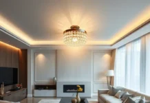 Crystal Porcelain LED Wall Lamp for Elegant Living Room A luxurious living room with a mounted crystal porcelain LED wall lamp