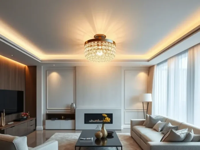 A luxurious living room with a mounted crystal porcelain LED wall lamp
