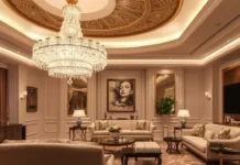 A luxurious living room with a stunning Siljoy Crystal Chandelier hanging from the ceiling