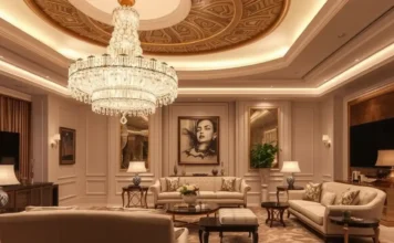 A luxurious living room with a stunning Siljoy Crystal Chandelier hanging from the ceiling