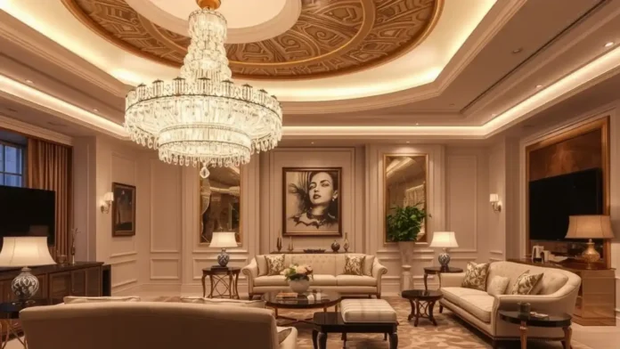 A luxurious living room with a stunning Siljoy Crystal Chandelier hanging from the ceiling