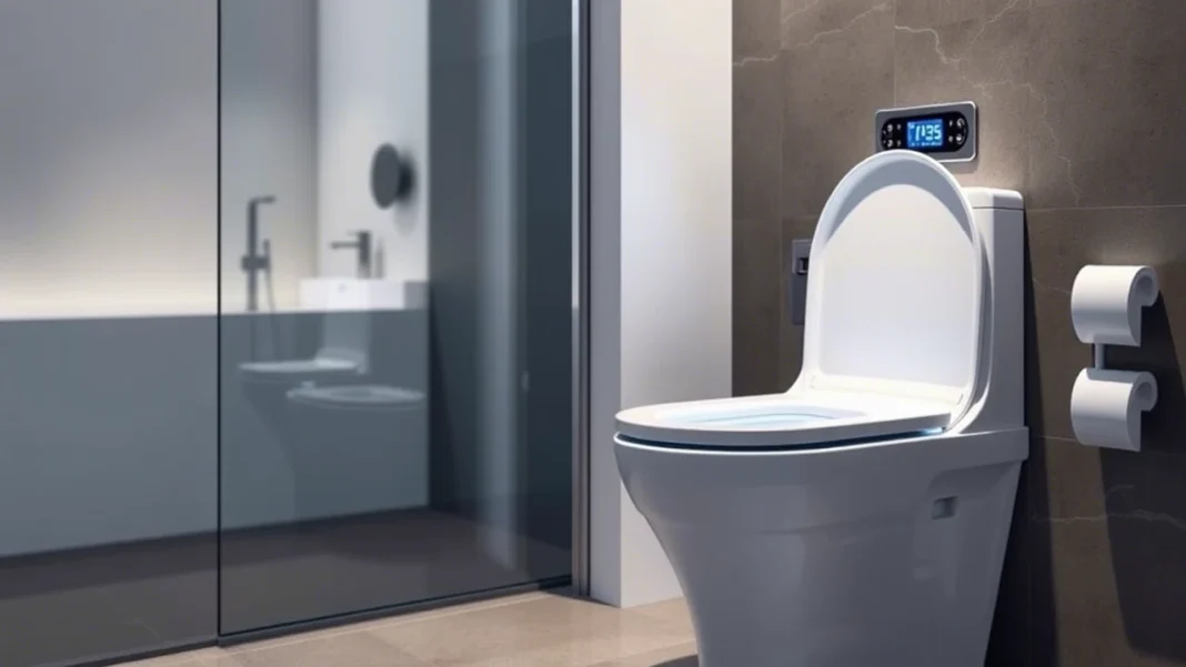 A luxurious modern bathroom featuring smart toilets