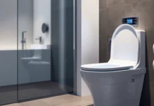 A luxurious modern bathroom featuring smart toilets