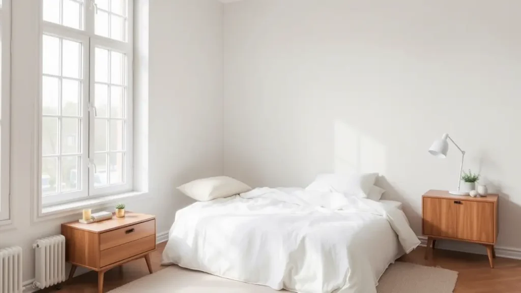A minimalist Scandinavian bedroom with a sleek wooden bedside locker next to a cozy bed
