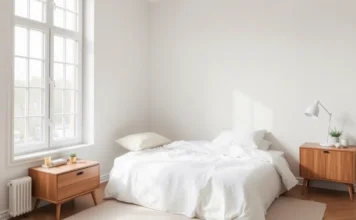 A minimalist Scandinavian bedroom with a sleek wooden bedside locker next to a cozy bed