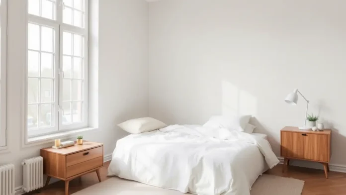 A minimalist Scandinavian bedroom with a sleek wooden bedside locker next to a cozy bed