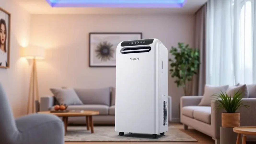 A modern Vissani Portable Air Conditioner placed in a stylish living room