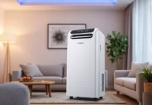 A modern Vissani Portable Air Conditioner placed in a stylish living room