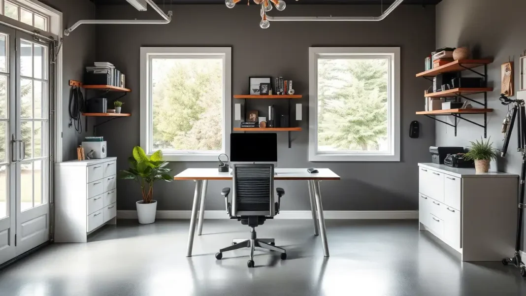 A modern and stylish garage office with a sleek desk