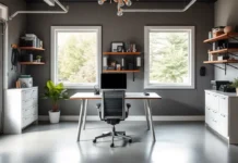 A modern and stylish garage office with a sleek desk