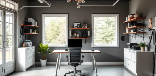 A modern and stylish garage office with a sleek desk
