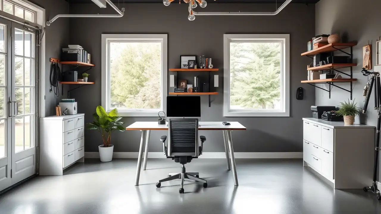 A modern and stylish garage office with a sleek desk A modern and stylish garage office with a sleek desk