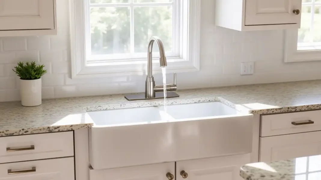 A modern farmhouse kitchen featuring a sleek American Standard farmhouse sink with a stainless steel faucet