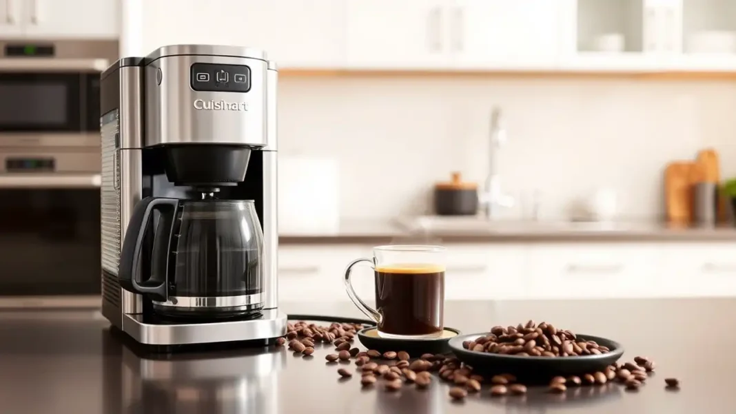 A modern kitchen countertop with a Cuisinart coffee maker combo