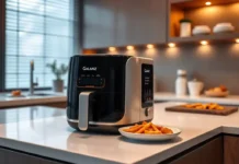 A modern kitchen with a sleek Galanz microwave air fryer on the countertop