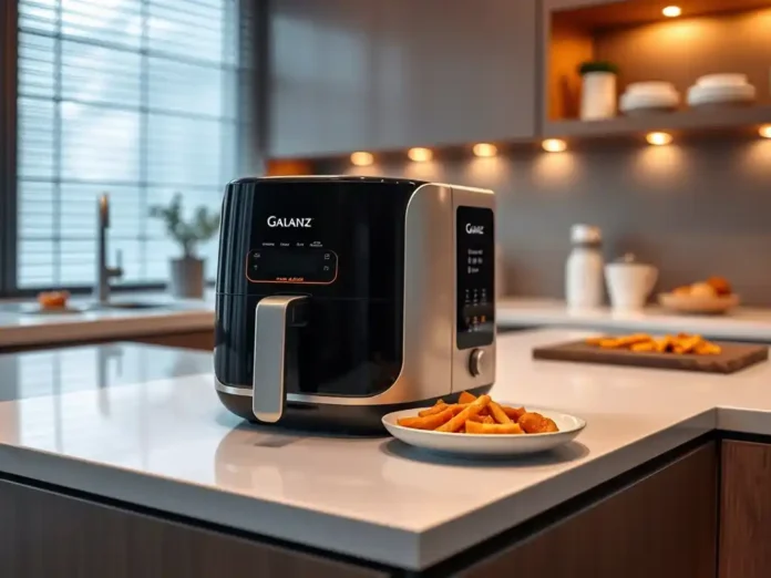 A modern kitchen with a sleek Galanz microwave air fryer on the countertop