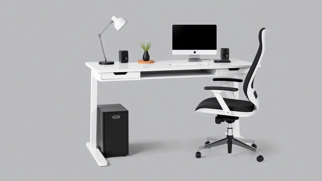 a stylish small corner standing desk with an ergonomic chair