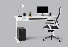 a stylish small corner standing desk with an ergonomic chair