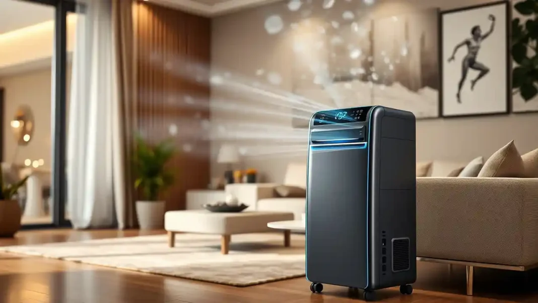 A modern, sleek self-evaporating portable air conditioner