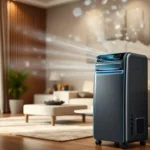 A modern, sleek self-evaporating portable air conditioner