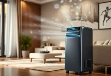 A modern, sleek self-evaporating portable air conditioner