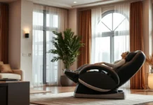 A modern, stylish living room with a luxury massage recliner chair positioned near a large window
