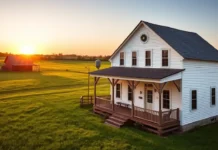 A picturesque 19th-century American farmhouse surrounded by lush green fields