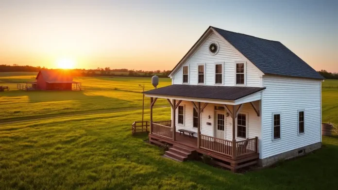 A picturesque 19th-century American farmhouse surrounded by lush green fields