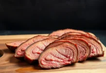 A rustic wooden cutting board with Fermented High Meat