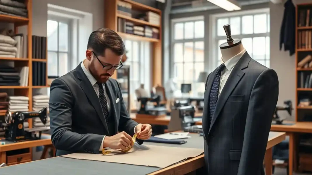 A skilled tailor Process Handmade Tailored Suits on a mannequin in a stylish workshop setting.