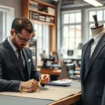 Handmade Tailored Suits: The Step-by-Step Process A skilled tailor Process Handmade Tailored Suits on a mannequin in a stylish workshop setting.