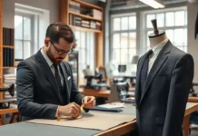 Handmade Tailored Suits: The Step-by-Step Process A skilled tailor Process Handmade Tailored Suits on a mannequin in a stylish workshop setting.
