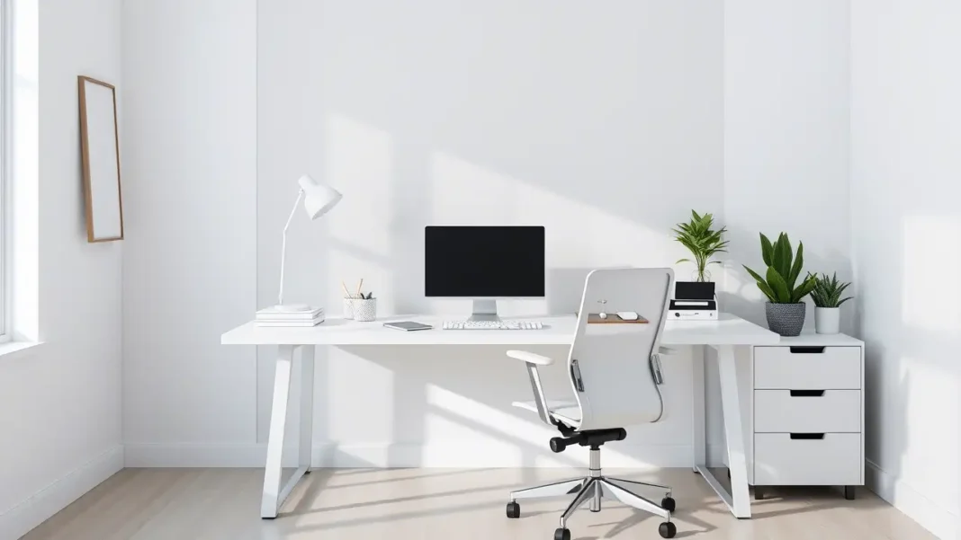 A sleek, Minimalist Office Organization with a clean white desk, ergonomic chair, neatly arranged workspace essentials, soft lighting, and a touch of greenery.
