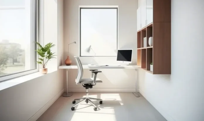 A sleek, Minimalist Small Office Design with a neutral color palette