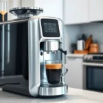 A sleek, modern AI-powered coffee maker