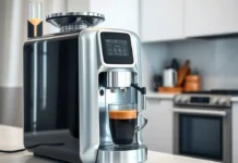 A sleek, modern AI-powered coffee maker