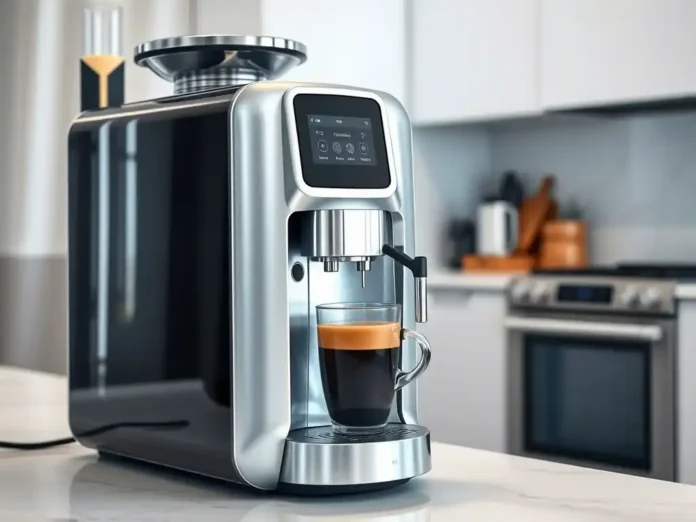 A sleek, modern AI-powered coffee maker